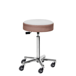 Der Kosmetikhocker Chantals Scandic 40 cm Rundsitz 2-farbig. Skai® Palma NF Weiss, skai® Tolaris EN candy pink. Lange Gasfeder, kleines Maja Fußkreuz und Skate Rollen.