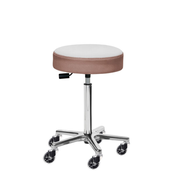 Der Kosmetikhocker Chantals Scandic 40 cm Rundsitz 2-farbig. Skai® Palma NF Weiss, skai® Tolaris EN candy pink. Lange Gasfeder, kleines Maja Fußkreuz und Skate Rollen.