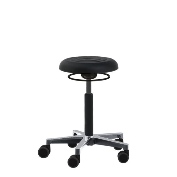Design-Hocker Mikes Jimmy aus Integralschaum. Mit Ringsauslösung zur Höhenverstellung, Heze Fußkreuz und Medi Rollen