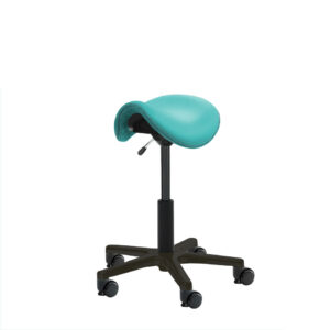 Erzieherhocker Maries Junior in Skai gimini health green mit Ziernaht in pink/lila. Mit schwarzer kurzer Gasfeder, schwarzem Maja Fußkreuz und De-Stop Rollen