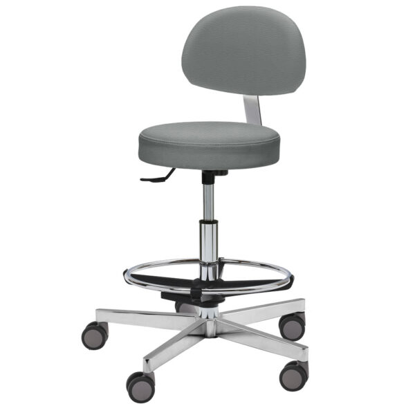 Bürohocker Andreas Scandic in grau. Mit Office Rückenlehne, Polar Fußkreuz, grauen Medi Rollen und Fußring.
