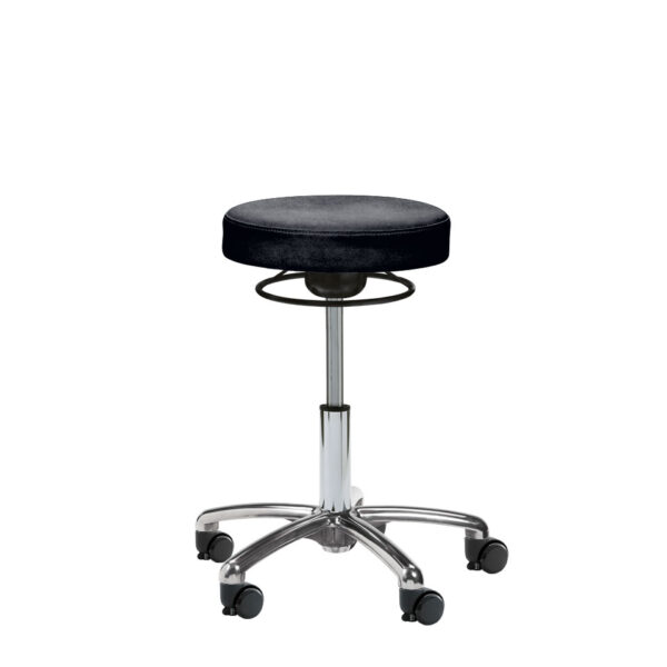 Rollhocker Drummer Boys Scandic in Pavinto black mit schwarzer Ringauslösung, kurzer Gasfeder, kleinem Basis Fußkreuz in silber und schwarzen De-Stop Rollen