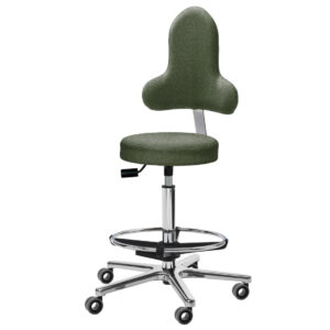 Rollhocker Lasses Scandic in green-Black Manta-Ray Design mit Maja Fußkreuz und Salto Rollen. Zusätzlich mit Rückenlehne und Fußring ausgestattet.