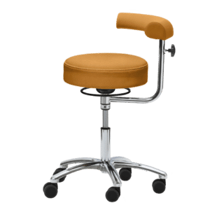 Erzieherhocker Verenas Scandic mit Armauflage für komfortables Arbeiten. Mit 40 cm Sitz, Ringauslösung, kurzer Gasfeder, großem Basis-Fußkreuz und Medi Rollen.