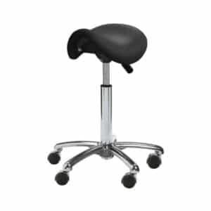 Universal-Hocker Evas Deluxe Junior schwarz. Sattelsitz in Dakota schwarz mit mittlerer silberner Gasfeder, Basis-Fußkreuz und Deluxe Rollen