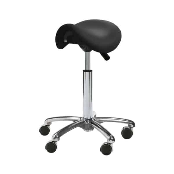 Universal-Hocker Evas Deluxe Junior schwarz. Sattelsitz in Dakota schwarz mit mittlerer silberner Gasfeder, Basis-Fußkreuz und Deluxe Rollen